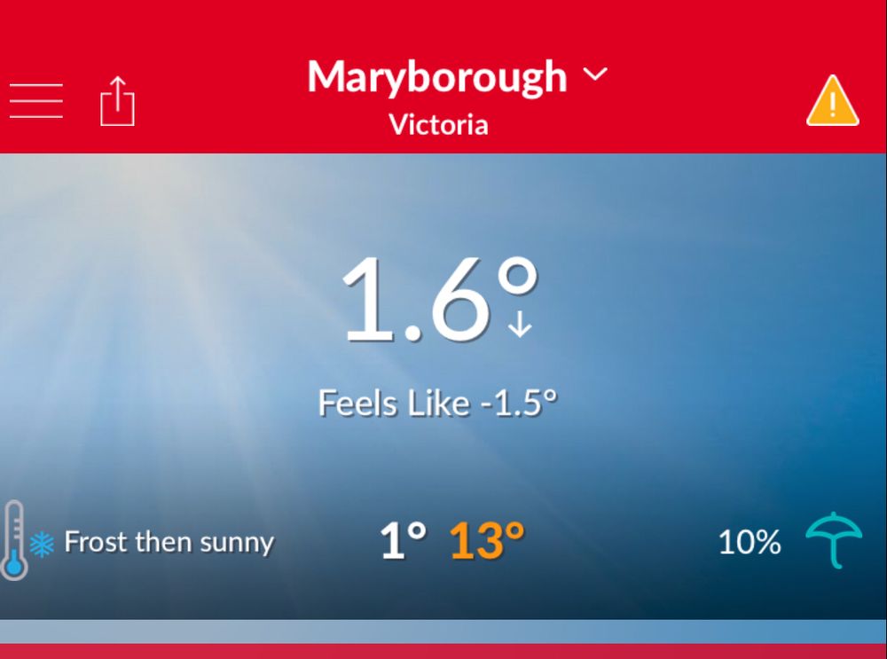 An Elders weather display showing the current temperature for Maryborough Victoria as 1.6° C
