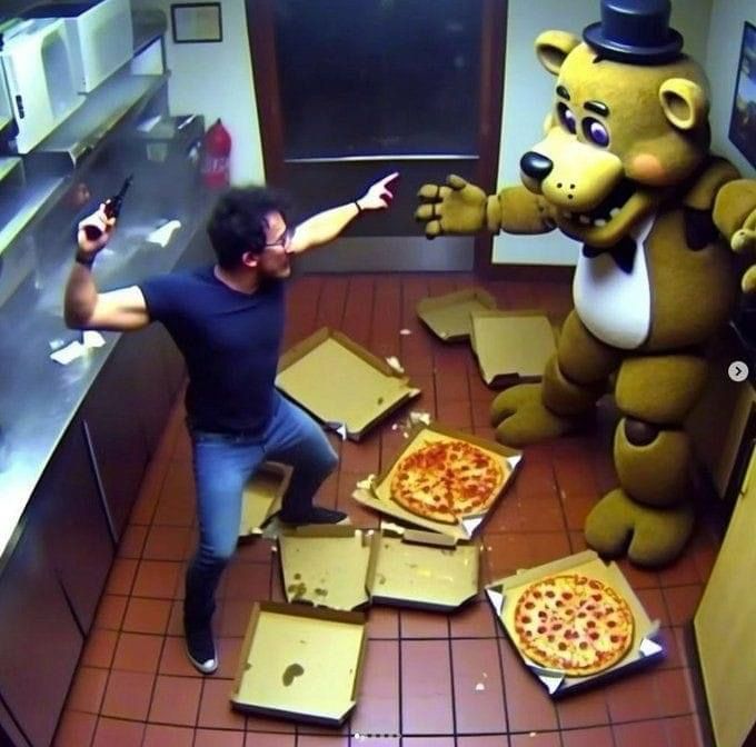A presumably ai image of a man who looks like Mark Fishbach (Markiplier) with a handgun facing off against a large robotic bear mascot with boxes of pizza scattered on the floor