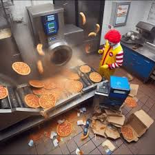 Ronald McDonald watching a massive pileup of Pizza on a conveyer belt like the silent menace he is