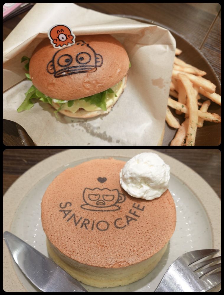 ヒラコー展帰りのサンリオカフェ
ハンギョドンのエビバーガーとバツ丸の焼印入りホットケーキ🐟️🐙🐧✨️
