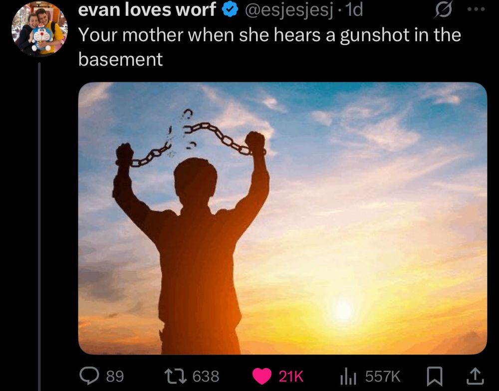 image of chains breaking with the caption "your mother when she hears a gunshot in the basement"