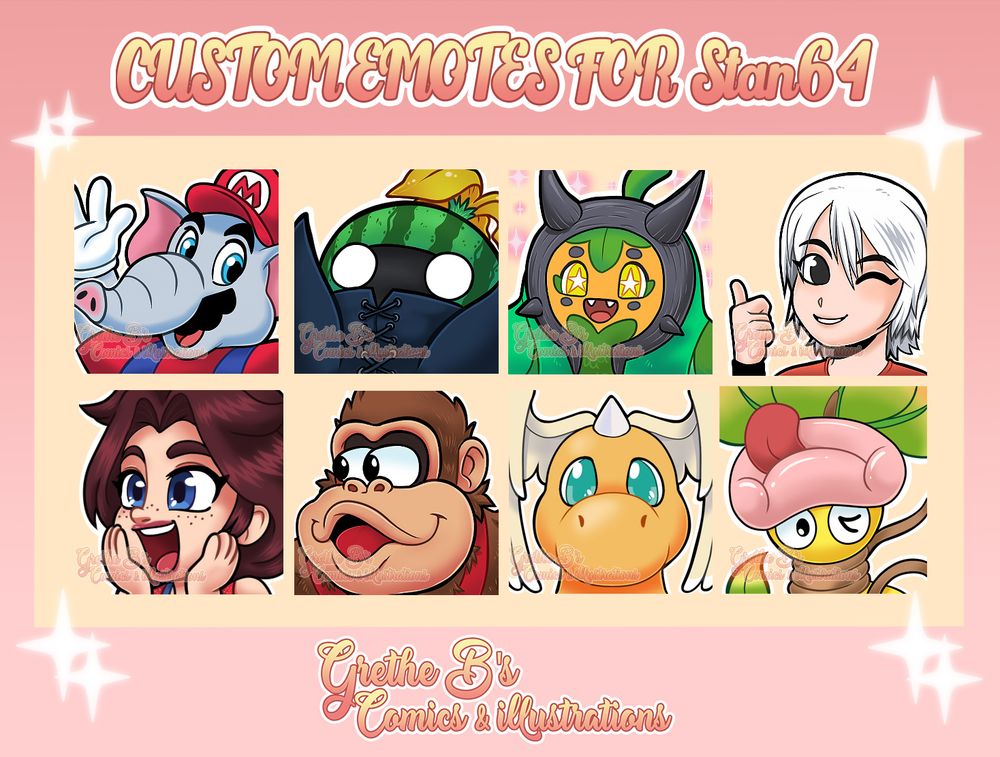A collection of different emotes for Twitch and youtube made for a streamer who plays variety of games, especially Nintendo games.
Characters like elephant Mario, Mandragora from ff11, ogrepon from pokemon, Ashley from Another code, Pauline and Donkey Kong from DK bonanza, Mega evolved Dragonite and victreebel from Pokemon Z-A