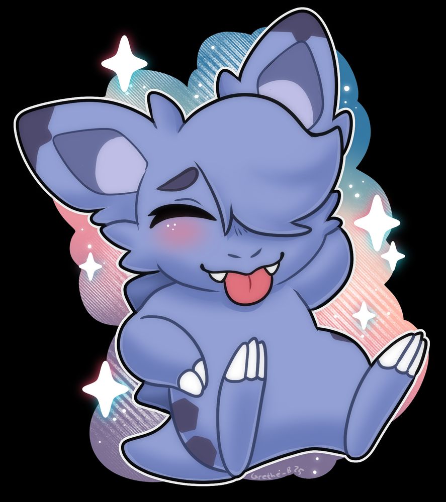 A pokemon inspired personal character with a shy expression and tongue out