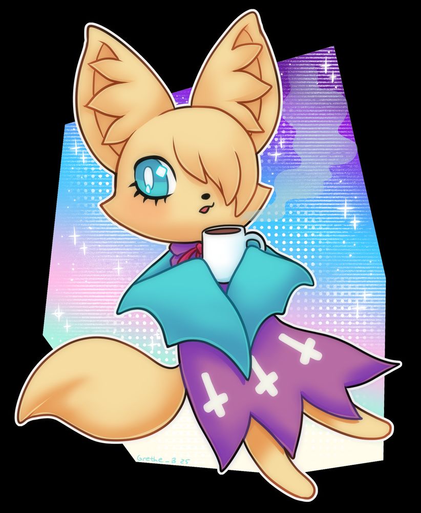 a petite character with big ears and a big tail, holding a mug of a hot beverage with their wings. wearing a purple dress with white up-side down crosses on them