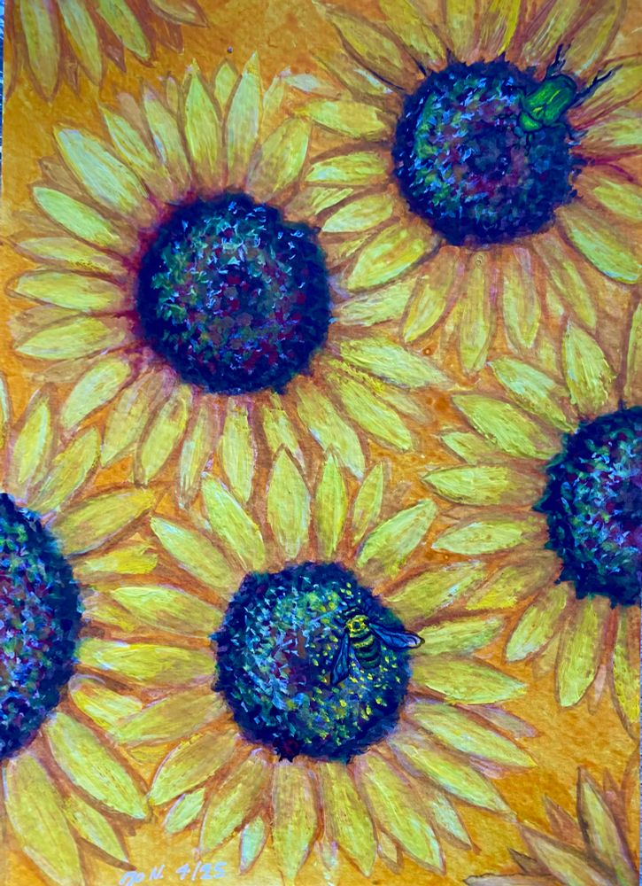 Painting of sunflowers with a bee on them