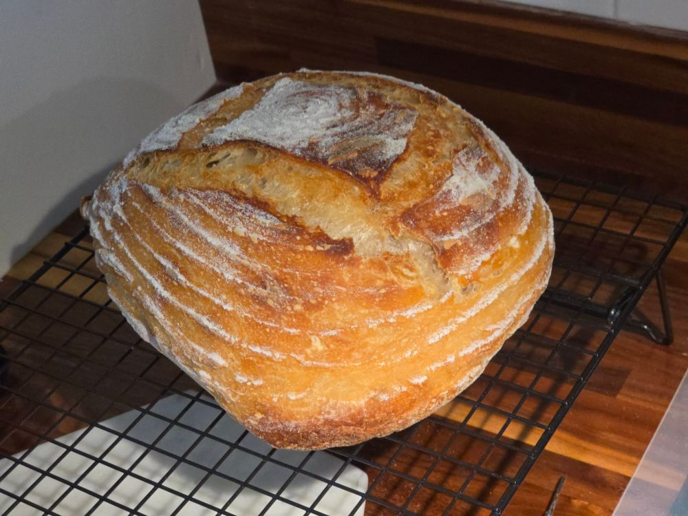 A misshapen sourdough round loaf sitting on a cooling rack. The near side has an elongated corner and a smooshed flat area. The crust is nice and golden-brown.