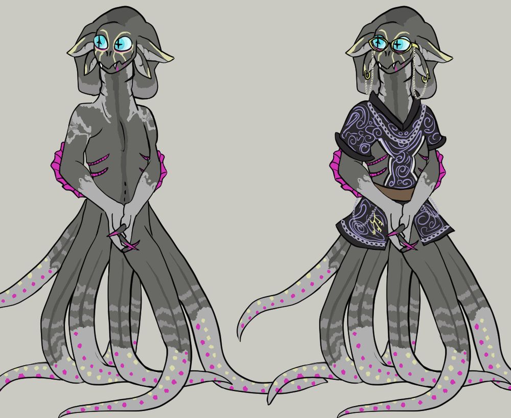 a kivouachian oc (kivouachians belong to sam fennah)
gray humanoid squid with 2 large blue eyes and 6 tentacles in place of legs. they have one tentacle that is shorter that is a tail. left image has no clothing, and the right image is the same but with clothing and jewelry