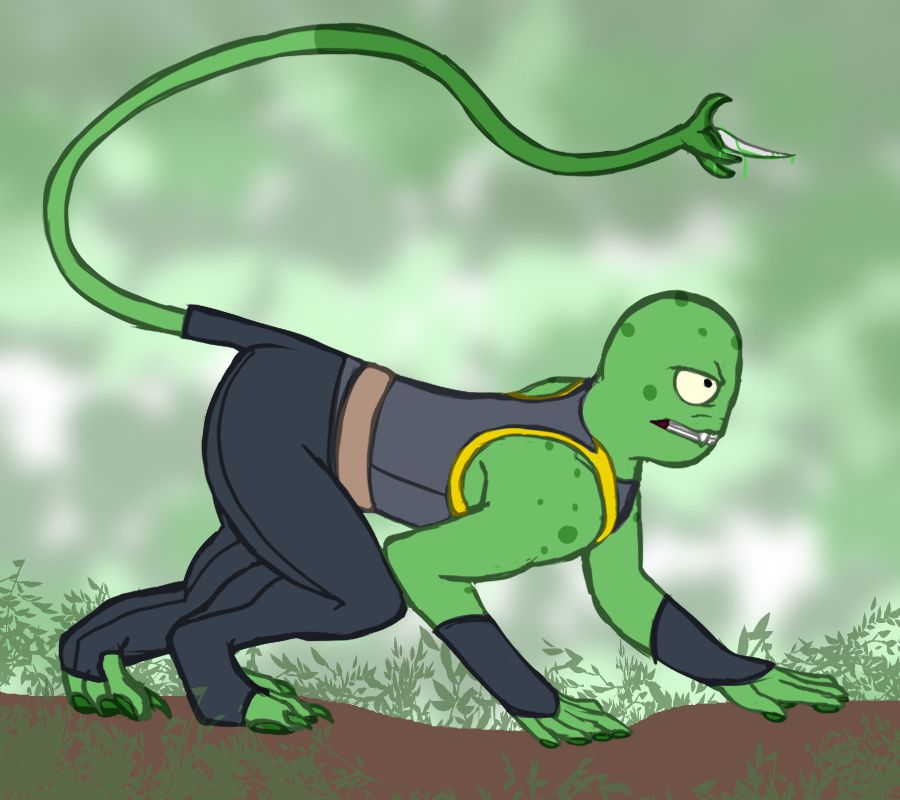 aran in a jungle scene in outside clothes snarling with his stinger showing and he's on all fours crouched down