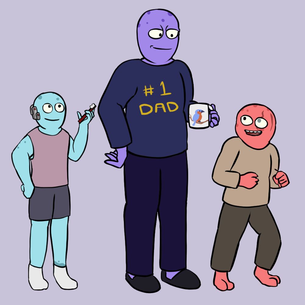 yaz and ben when younger. they are getting ready for bed (or getting up in the morning) with Dom who is in pajamas saying #1 Dad and he has a mug with a bluebird on it