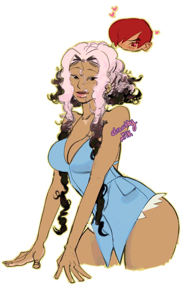 ID. A half-body doodle of my KOF OC, Kira (He/Him). He is looking at the viewer, a soft smile on his face with his arms stretched out before him. He is wearing a light blue denim short jumpsuit. To the upper right of him is a small chibi head of Iori Yagami looking down at him fondly with hearts surrounding him. End ID.