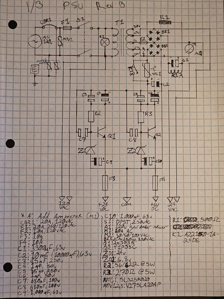 A hand drawn linear power supply circuit schematic.