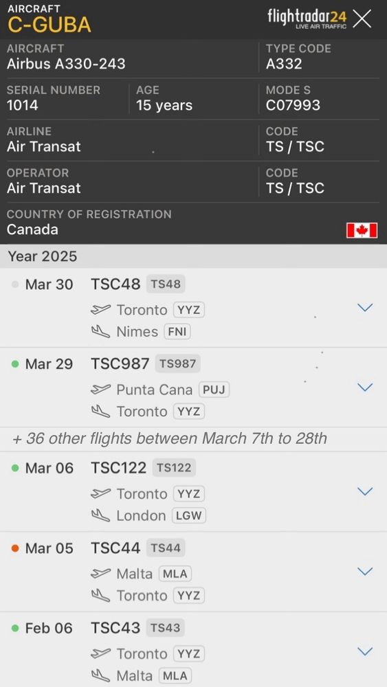 Screenshot from FlightRadar24 showing recent flight history of aircraft C-GUBA between February 6th (when it was flown from Toronto to Malta) and March 30th (when it was flown from Toronto to Nimes).