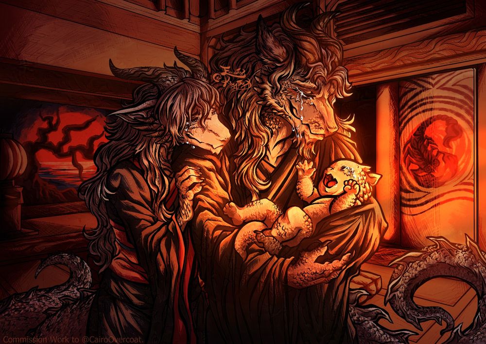 A humanoid dragon holding his crying baby while also deeply crying of happines, his wife is emotionally watching the situation, resting her chin on his shoulder. The scenery is a japanese castle room. The tone of the illustration is warm with red, orange & yellow colors.