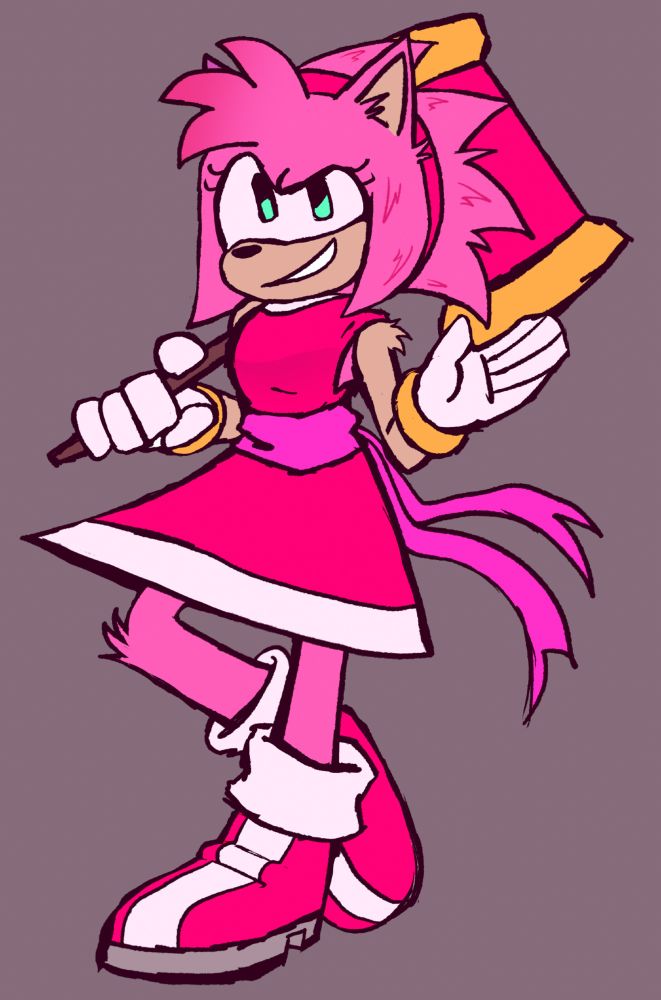 A pink anthropomorphic hedgehog wearing a red dress and boots, holding a large hammer over her shoulder and waving to the camera. 