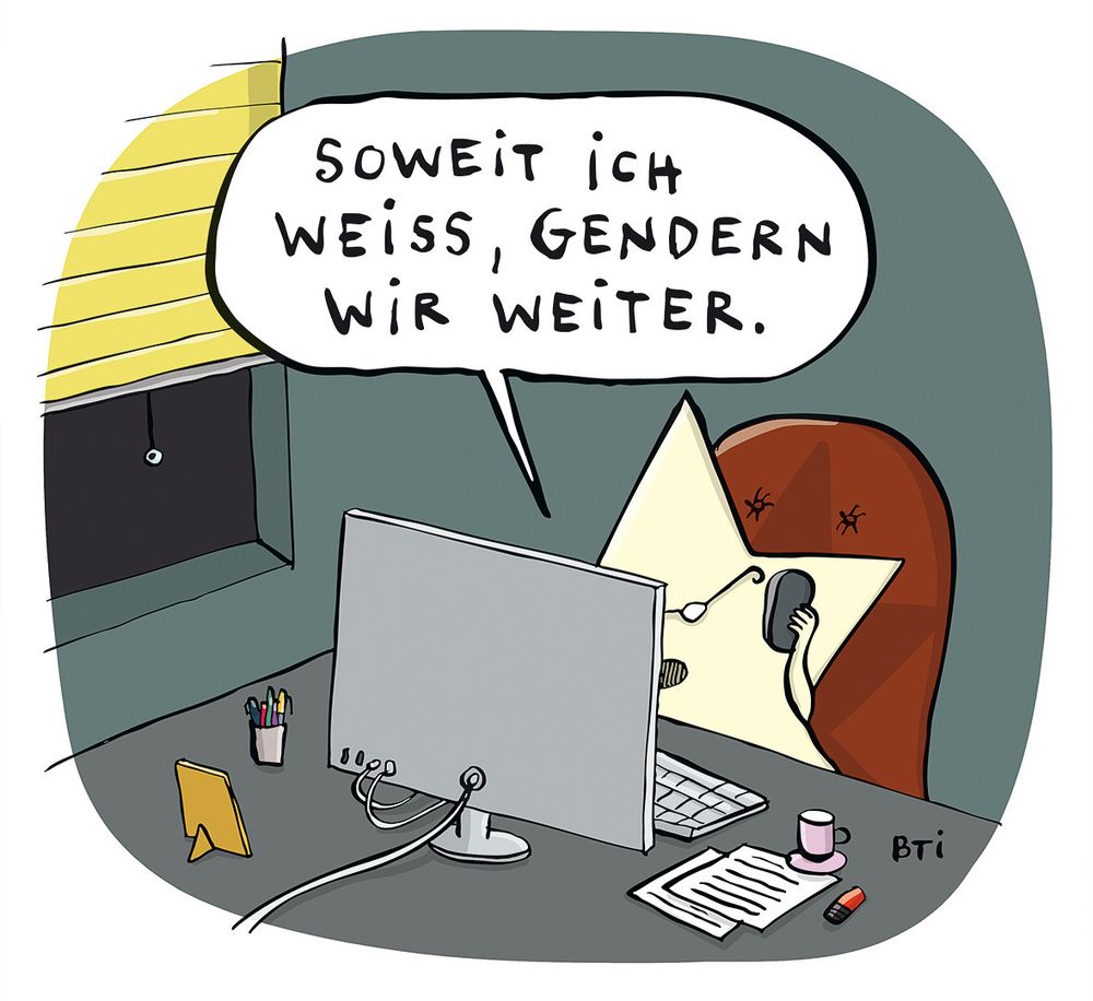 Ein Sternchen sitzt am Schreibtisch und telefoniert. Es sagt: Soweit ich weiß, gendern wir weiter.