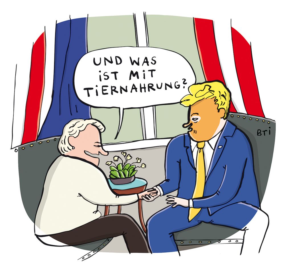 Von der Leyen und Trump sitzen zusammen und geben sich die Hände. Von der Leyen fragt: „Und was ist mit Tiernahrung?“