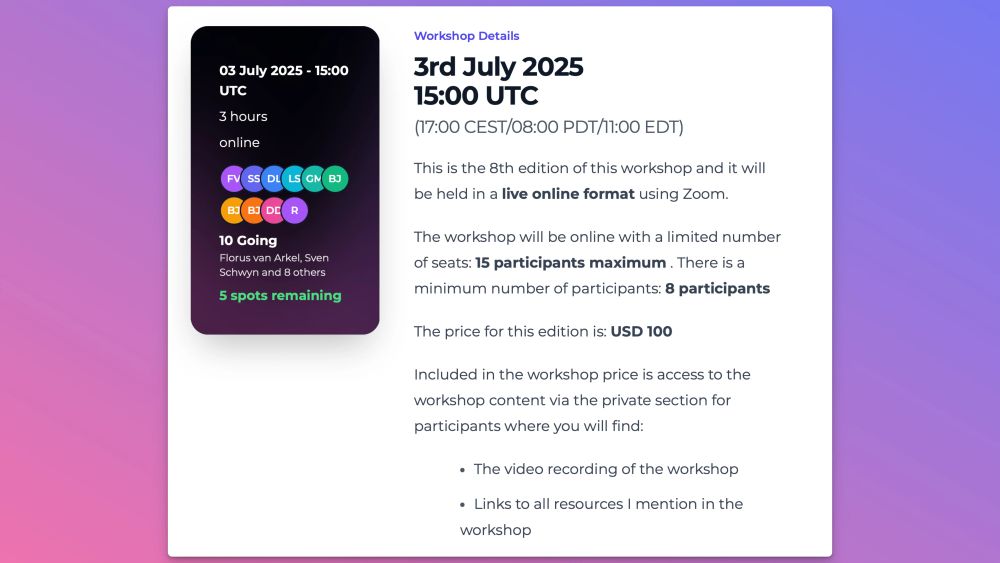Screenshot of the workshop page with number of participants, remaining tickets and details about the workshop