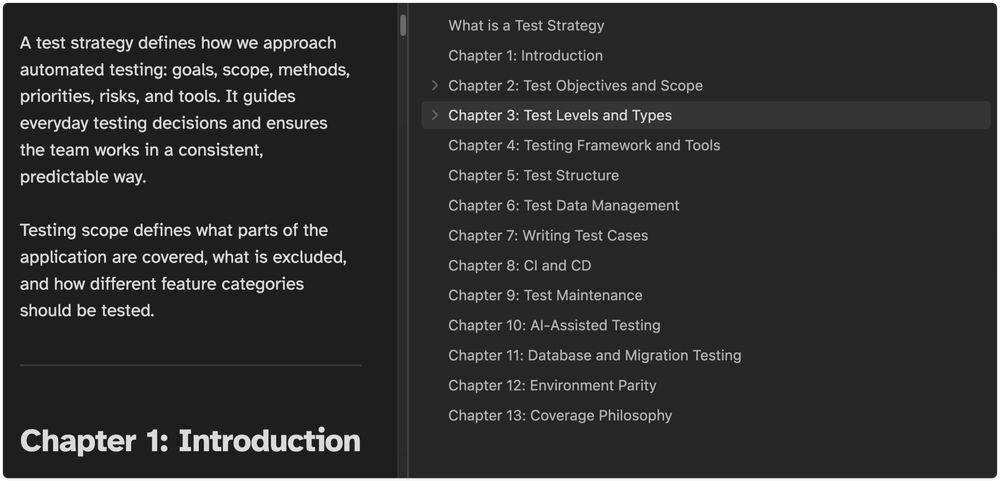 Dark-themed two-pane screen: left shows test strategy intro text and "Chapter 1: Introduction" header; right lists chapter menu highlighting "Chapter 3: Test Levels and Types."