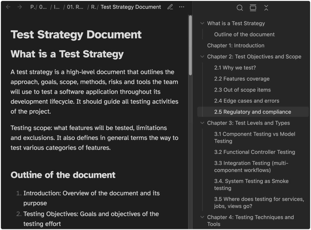 Dark-themed document editor showing a "Test Strategy Document" draft left and a collapsible chapter outline sidebar right, with sections on scope, objectives, and testing types.