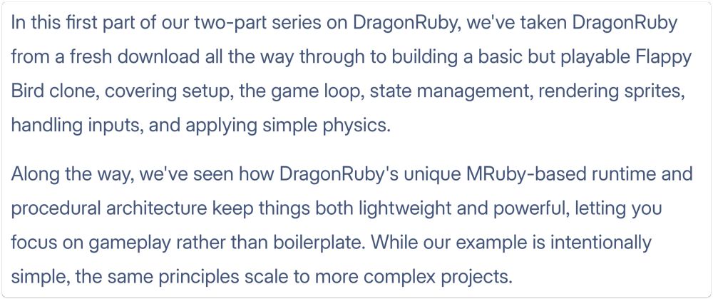 Two paragraphs of blue serif text on a white background describing building a Flappy Bird–style game with DragonRuby and MRuby-based runtime features.