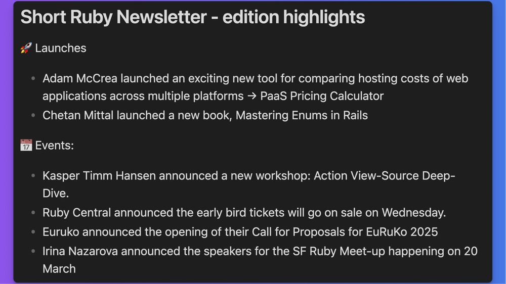 Screenshot of Short Ruby Newsletter highlights