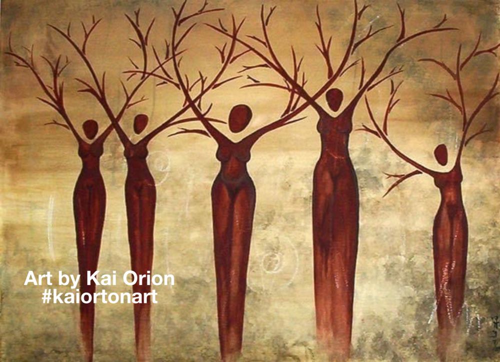 5 women seen as a tight knit of beautiful trees- sisterhood 
