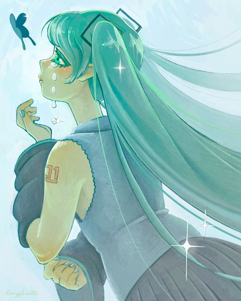 digital painting of hatsune miku, looking out of frame toward something unseen in the distance. big wet tears roll down her sad face. a butterfly flutters near her head as she leans toward the left, with her twin tails trailing behind her. the whole scene is light and cool and sparkly and forlorn.