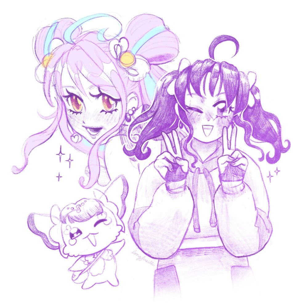sketchy digital drawings of precure characters: kokoro (doing peace signs and smiling), her precure alter-ego cure kyunkyun, and purirun (winking and being adorable)