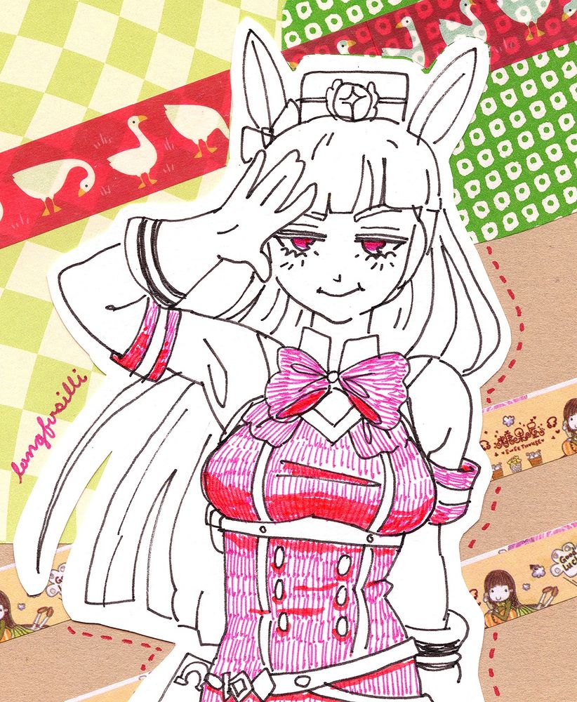 pen drawing of best girl umamusume gold ship on a collaged background. she's doing some kind of hand gesture in between waving "hi" and giving a salute...??? and she looks real smug