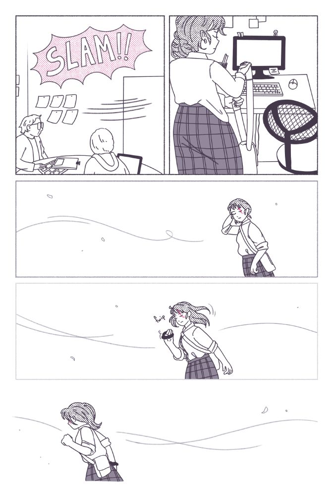 panel 1: She closes the door with a SLAM!!
panel 2: She takes her work bag from her cubicle.
panel 3-5: In a light and breezy sequence, Dina takes her hair out of its bun.