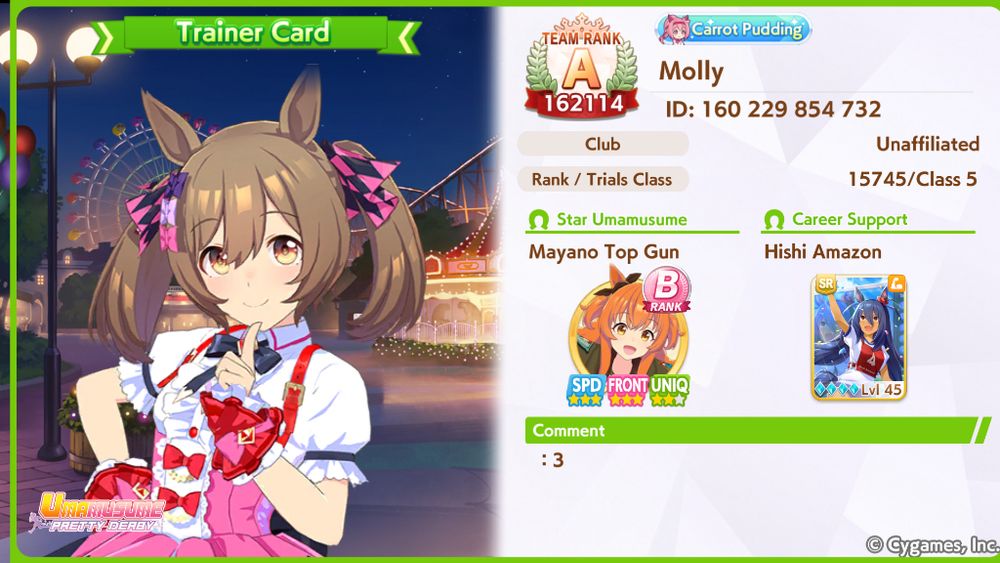 my umamusume trainer card that has my id number which is 160229854732 and u should add me if u play a lot