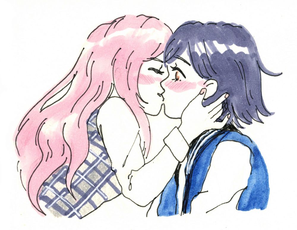 a sketchbook drawing of anon and tomori from MyGO!!!!! kissin