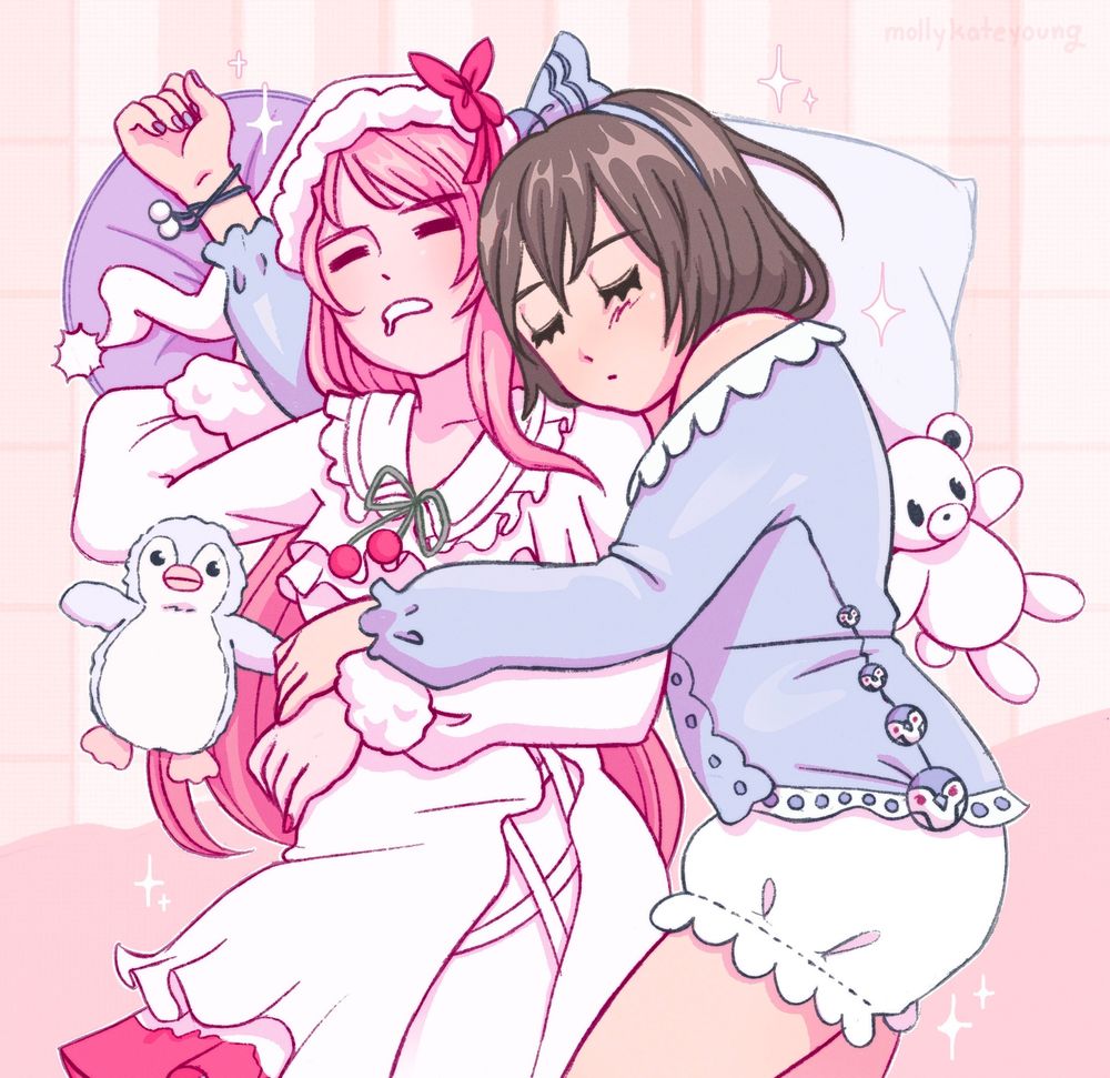 a drawing of tomori and anon from MyGO!!!!! sleeping peacefully in their pajama outfits that were posted to the official twitter a while ago. they’re surrounded by penguin and bear plushies and comfy pillows. tomori sleeps cutely but anon has her mouth open and is drooling. :-)