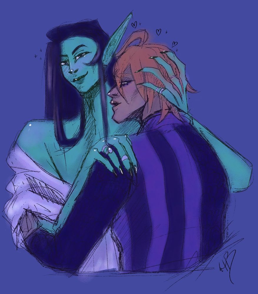 torso sketch of two men in a loose hug. one has green skin and dark almost black long hair. he grabs the other by his shoulder and hair. the second has red (orange) hair kept short. his back is to the viewer.