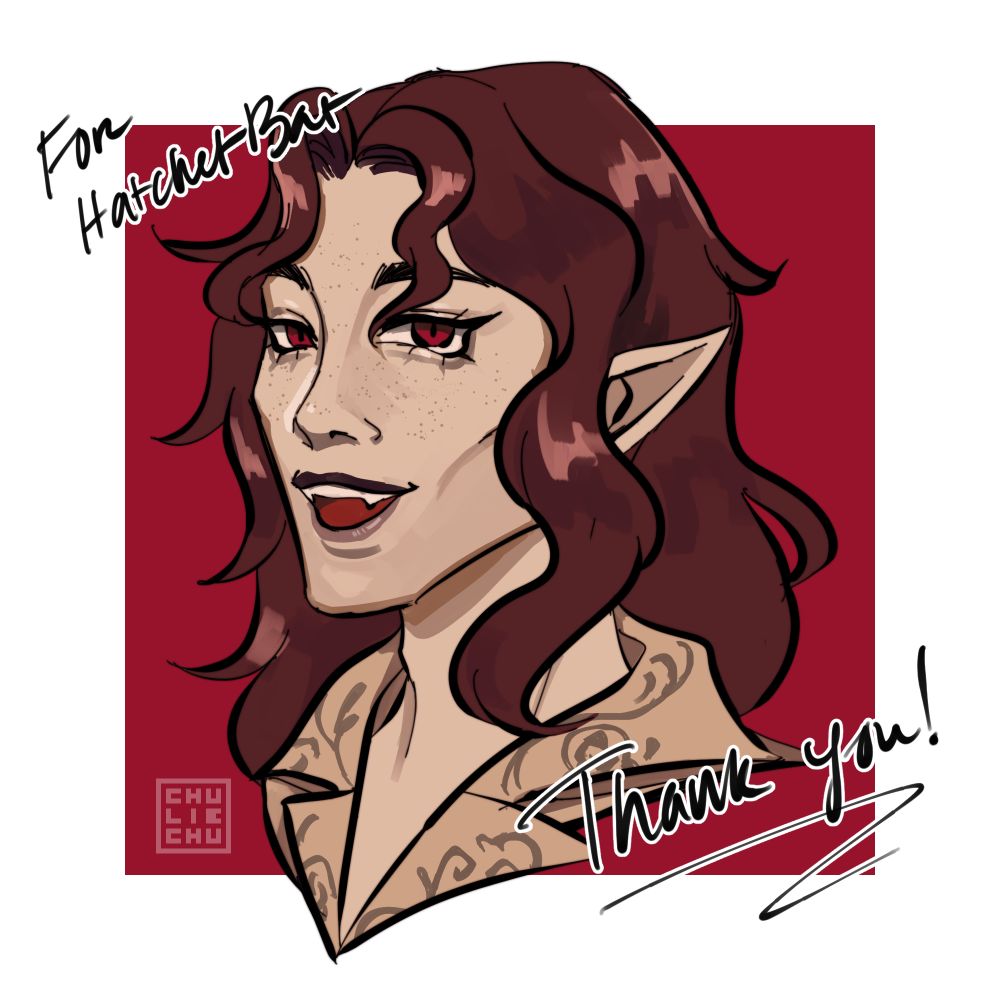 headshot sketch from chuliechu of griffin. the upper left says "For HatchetBat". the lower right says "Thank you!"