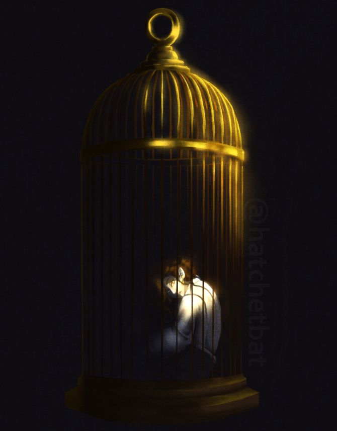 dark painting of redheaded man sitting in a rounded golden cage. a light shines from above, illuminating the upper right of the cage and the man. he looks at the viewer over his shoulder. 