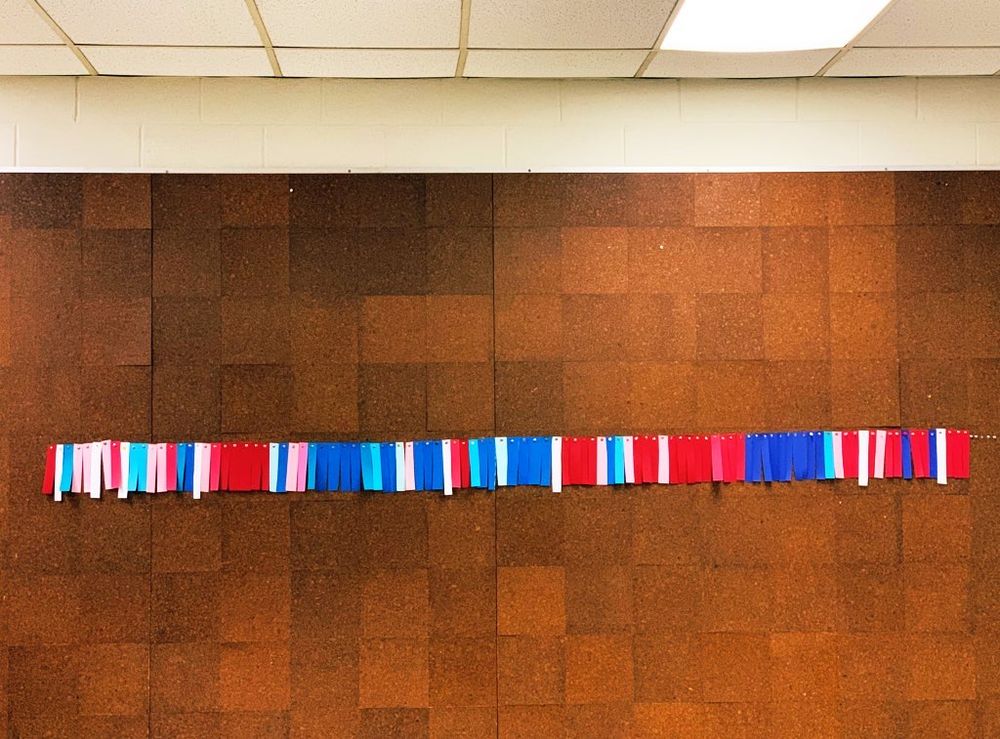 A brown bulletin board featuring strips of blue, red, and white paper representing temperature anomalies.