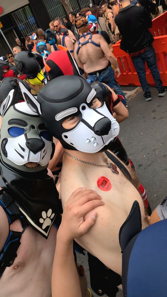 Loadz is inside someone while Ren snaps a photo of him from the side. Both are in pup hoods and looking at the camera. 
