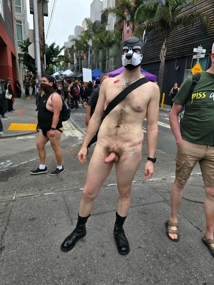 Loadz is naked in the street at Folsom and Dore at San Francisco's Up Your Alley.