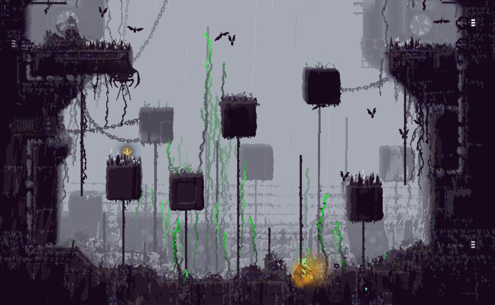 cropped screenshot of Rain World; a karma flower, still somehow planted upright, sits on a block in SU_A06 under a dropwig