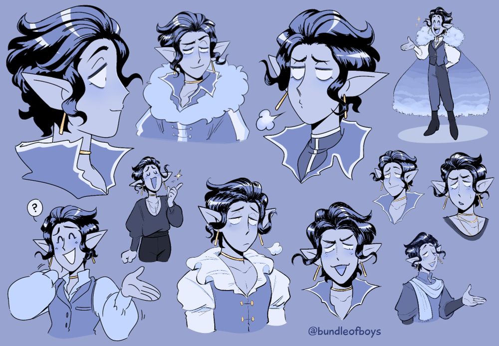 A page of expressions and doodles of a princely boy with icy blue skin, hair, and attire. He looks very sassy and fun.