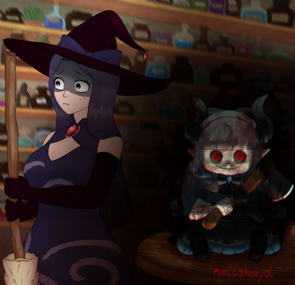 Halloween art of a scared looking witch Cecilia and a creepy doll neitshayd with an axe. 