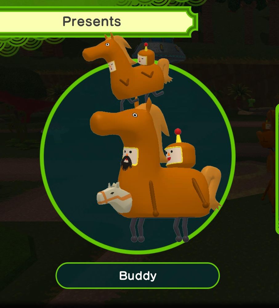 Screenshot from "Once Upon a Katamari" showing a Katamari dressed as a two-person horse costume, and they are wearing a hat version of themselves.