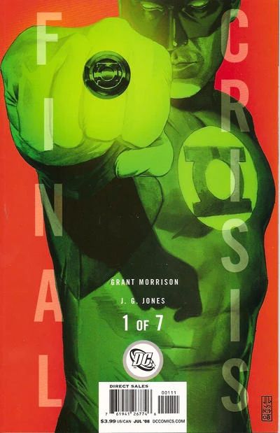 Cover art for Final Crisis Issue #1, depicting a monochrome Green Lantern (Hal Jordan) aiming his ringed fist towards the reader. His ring is contrasted darkly against his bright glove. The background is a deep red. The words "Final Crisis" are written on the left and right of the page with a low opacity. Art by J.G. Jones.