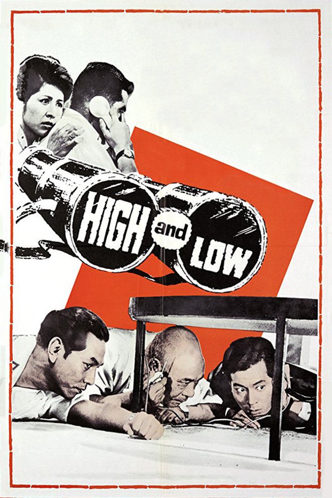 Movie poster for High and Low, depicting the protagonists sleuthing on a monochromatic white background with an orange-red square in the center of the art at a tilt