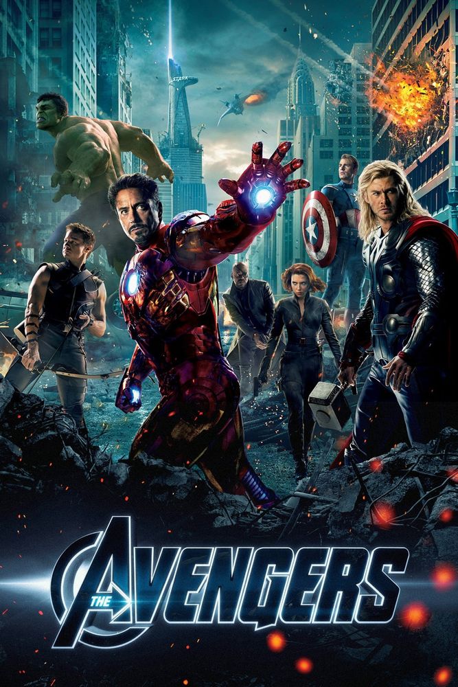 Movie poster for the Avengers, depicting the titular superhero group amidst the wreckage of a destroyed New York. Iron Man is in the foreground, about to use his repulsor blast on something off-screen. In the far background Stark Tower is emitting a beam of light