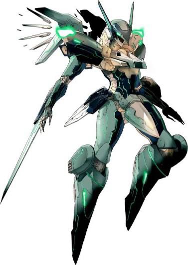 Mech design of Jehuty from the video game Zone of the Enders. Anthropomorphic design a head resembling a bird’s with angular horns or antennae. Small cherubic metal wings on the shoulders with detached “feathers” that levitate in place.