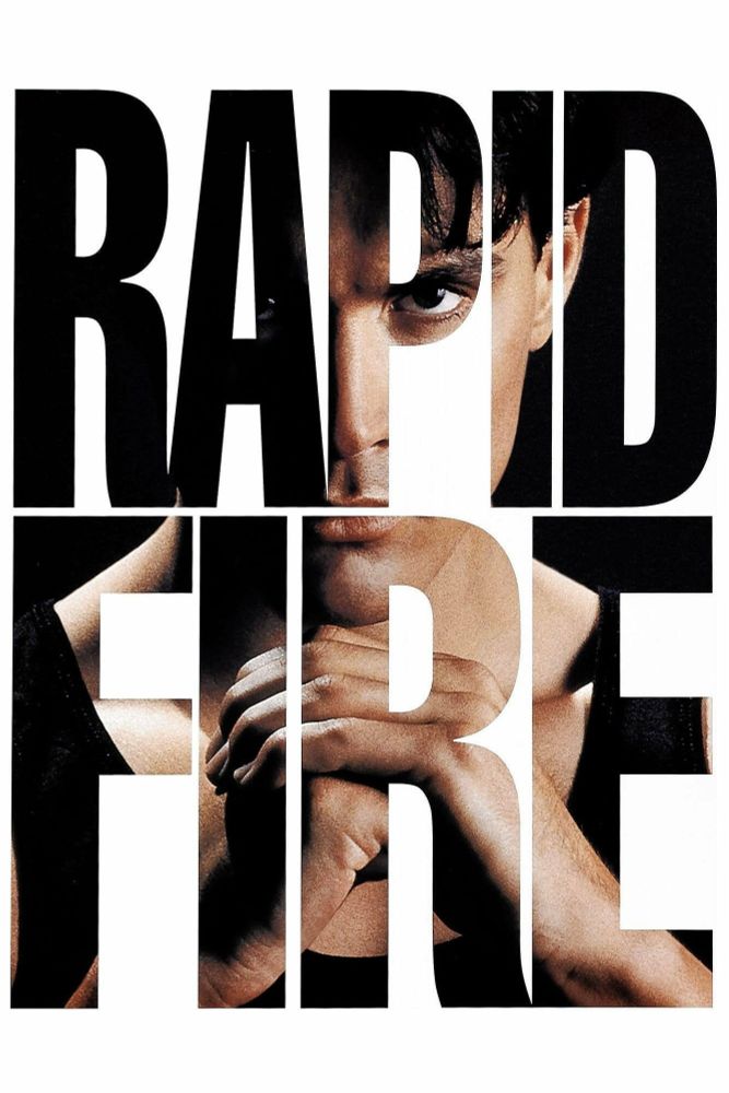Movie poster for Rapid Fire depicting the title character being obscured by the title of the movie, cracking his knuckles