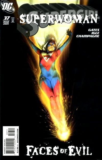 Cover art for Supergirl (2005) Issue #37, by artist Joshusa Middleton. Depicting an iteration of the character "Superwoman" against a pure black background. She is forming a "Y" shape with her arms outstretched, with her feet together creating a meteor-like fireball, as if she was descending into the atmosphere at incredible speed. She wears a blue and red skintight costume similar to Superman's, but a blue mask and a white hooded cape blowing upwards. She has a disinterested expression. The title of the comic is obscured by a decaying "Superwoman" title. At the bottom of the artwork, in the same decaying font, are the words "Faces of Evil".