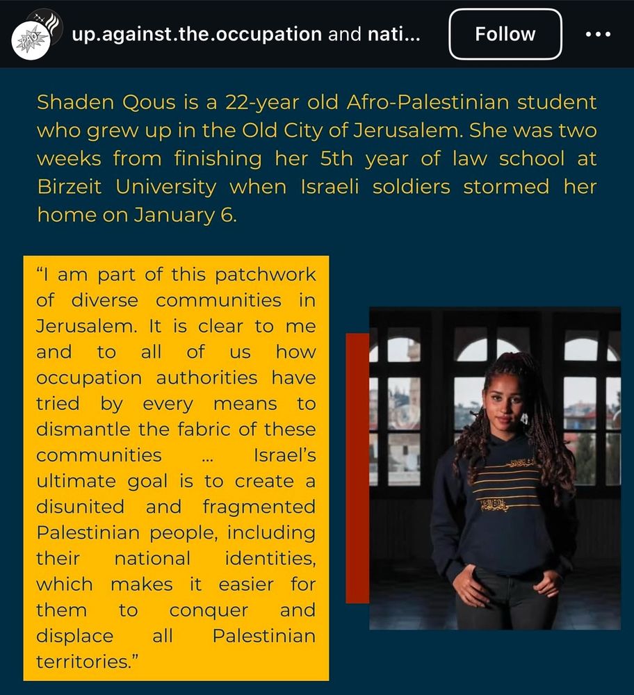 There’s text to the left of a photo of Shaden that says: 

Shaden Qous is a 22-year old Afro-Palestinian student who grew up in the Old City of Jerusalem. She was two weeks from finishing her 5th year of law school at Birzeit University when Israeli soldiers stormed her home on January 6.

"I am part of this patchwork of diverse communities in Jerusalem. It is clear to me and to all of us how occupation authorities have tried by every means to dismantle the fabric of these communities… Israel's ultimate goal is to create a disunited and fragmented Palestinian people, including their national identities, which makes it easier for them to conquer and displace all Palestinian